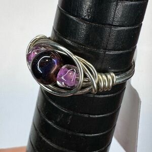 Purple ring glass beads silver color wire wrap handmade
